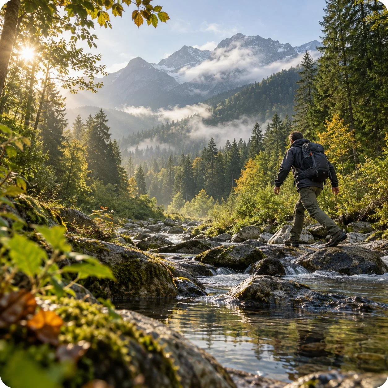 Crossing a forest stream on the trail — TOPFENG pumps built for the outdoors
