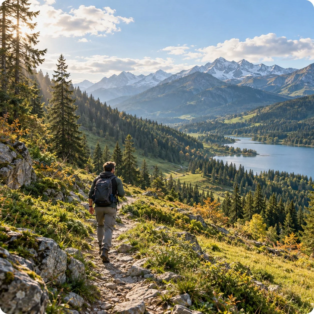 Hiker on an alpine trail overlooking a mountain lake